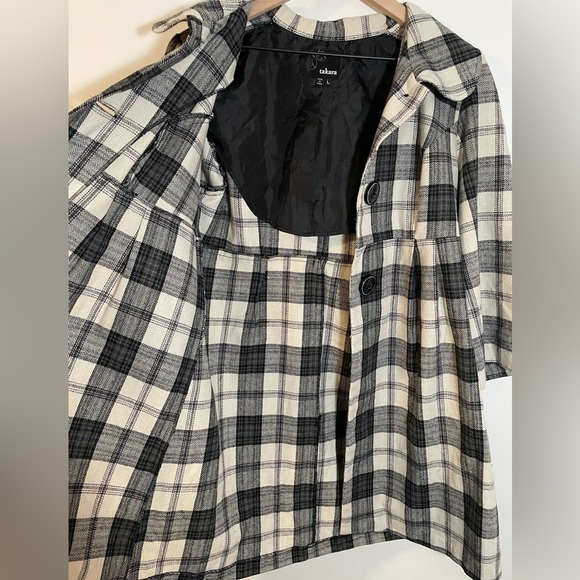 Takara Collared Plaid Long Wool Blend Lightweight Pea Coat 3/4 Sleeve Size Large - Picture 4 of 12